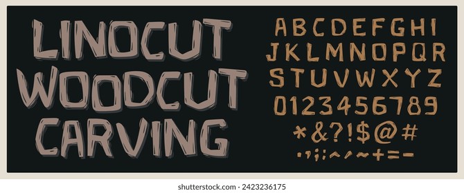 Vintage woodcut typographic font. Highly detailed individually textured characters with an aged vintage linocut print texture. Unique Design Font