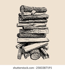 A vintage woodcut-style artwork of assorted stacked firewood logs, depicting various shapes and surface details.