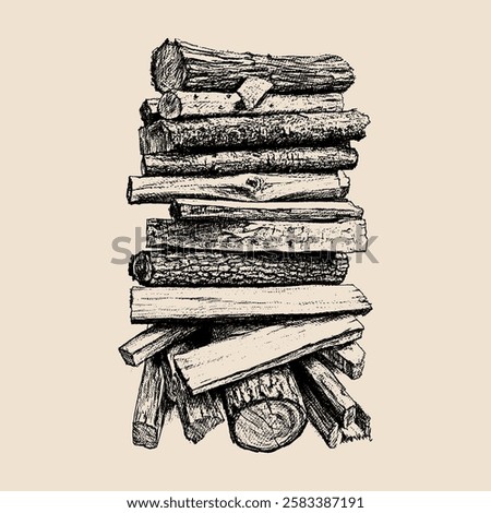 A vintage woodcut-style artwork of assorted stacked firewood logs, depicting various shapes and surface details.