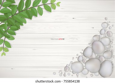 Vintage wooden background with framing of green leaves and gravel stone. Natural abstract background for product advertisement. Realistic vector illustration.