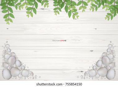 Vintage wooden background with framing of green leaves and gravel stone. Natural abstract background for product advertisement. Realistic vector illustration.
