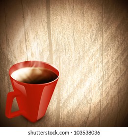 Vintage wooden background with red cup of coffee or tea with steam, copyspace