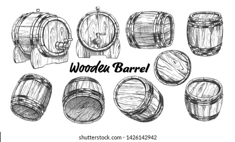 Vintage Wooden Barrel In Different Side Set Vector. Collection Of Barrel For Production, Storaging And Shipping Alcoholic Drinks. Monochrome Equipment Object For Liquid Cartoon Illustration