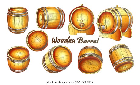 Vintage Wooden Barrel In Different Side Set Vector. Collection Of Barrel For Production, Storaging And Shipping Alcoholic Drinks. Color Equipment Object For Liquid Illustrations