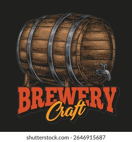 Um barril de madeira vintage é destaque mostrando seu artesanato. O barril é fixado com bandas de metal e tem uma torneira sugerindo que é usado para servir cerveja em uma cervejaria artesanal.