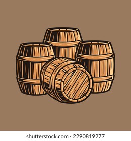 Vintage Wooden Barrels Hand Drawn