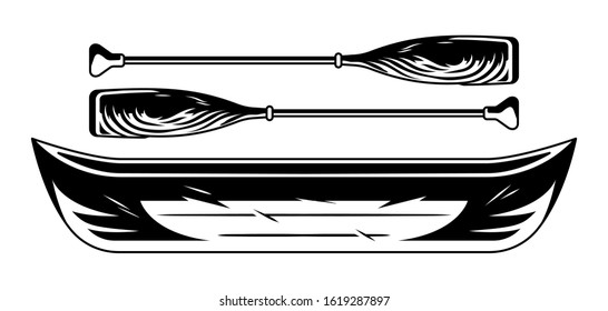 Vintage wooden the boat canoe with couple of oars. Object for white water rafting adventure into the river. Custom graphic vector design illustration engraving style. Isolated white background.