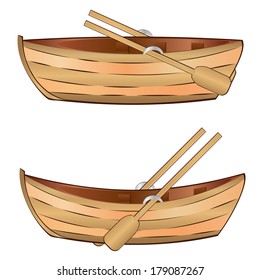 Vintage wooden boat with paddles on white background.