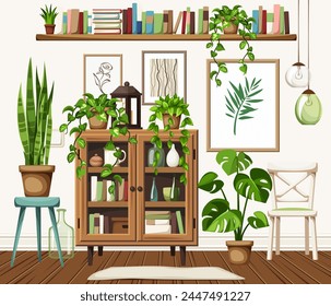 Vintage wooden bookcase and houseplants. Cozy room interior design with a bookcase, a bookshelf, and houseplants. Cartoon vector illustration. Hand-drawn illustration, not AI