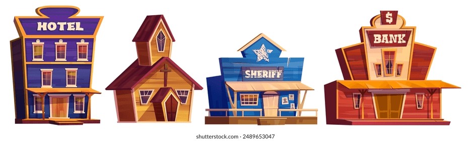 Edificios de madera de Antiguas para la creación de paisajes de pueblos o ciudades salvajes del oeste. Conjunto de Ilustración vectorial de dibujos animados de la fachada retro de la arquitectura occidental americana - hotel e iglesia, oficina del sheriff y banco.