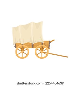 Vintage wooden carriage with cloth vector illustration. Old western farming vehicle or cart from wood with big wheels isolated on white background. Farming, transportation concept