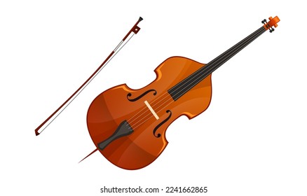 Vintage wooden cello with a fiddle bow isolated on white background. Realistic musical instrument of musician. Antique form brown violin for orchestra of classical music concert. Vector illustration