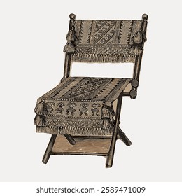 Vintage wooden chair with intricate patterns and tassels. Folding chair design with detailed carvings. Antique chair, perfect for classic decor enthusiasts. Vintage illustration isolated, vector.