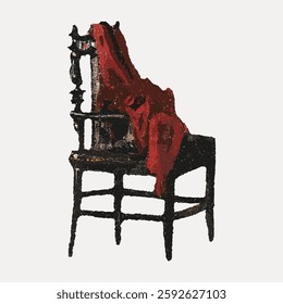 Vintage wooden chair with ornate design, draped with a rich red fabric. The chair's dark wood contrasts with the vibrant red, creating a classic, elegant look. Vintage art painting vector.