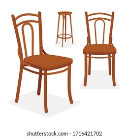 Vintage wooden chairs. Retro chairs and shelf vector illustrations set. 