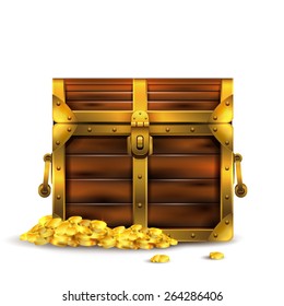vintage wooden chest closed with golden coins vector illustration isolated on white background 