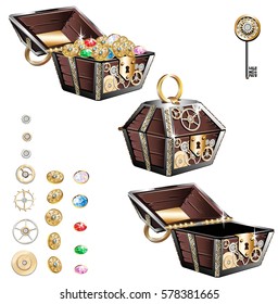 Vintage wooden chest with gold coins and gems.Vector illustration.