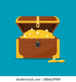 vintage wooden chest with golden coin isolated on background. vector illustration