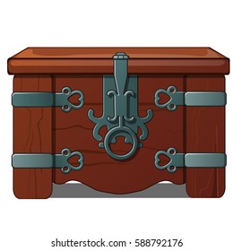 Vintage wooden chest with wrought metal hinges isolated on a white background. Cartoon vector close-up illustration.
