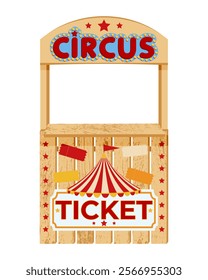 Vintage wooden circus ticket booth with marquee lights, red striped tent, and decorative ticket sign. Selling tickets for the upcoming circus show. Flat vector illustration for event design and print.