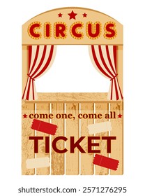 Vintage wooden circus ticket booth with red striped curtains and marquee lights on a white background. Carnival themed design with decorative text and tickets.