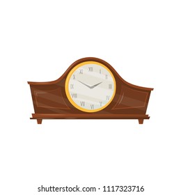 Vintage wooden clock with roman numerals and golden trim. Interior home decor. Flat vector element for flyer of souvenir or antiques shop