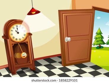Vintage wooden clock in the room illustration