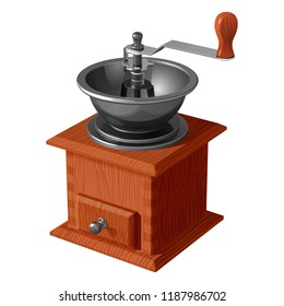 Vintage wooden coffee grinder with an open bowl, isolated on a white background