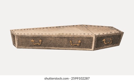 Vintage wooden coffin with brass handles. Coffin design with rustic wood texture. Antique coffin style, featuring brass accents. Unique coffin craftsmanship. Vintage illustration isolated, vector.