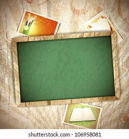 Vintage wooden education background with some schooling photos and blackboard