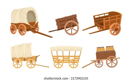 Vintage wooden farming vehicles vector illustrations set. .Old western carriages, wheelbarrows, carts or wagons from wood with big wheels isolated on white background. Farming, transportation concept