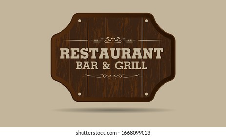 Vintage wooden frame border label retro signboard design.Western style vector with copy-space.Restaurant bar and grill text.