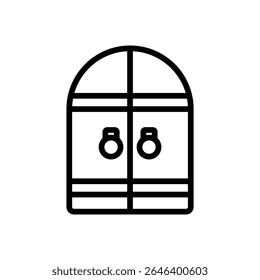 Vintage wooden gate with iron hinges in line style, representing fortress entry. Ideal for castles, dungeons, or medieval architecture in fantasy design.