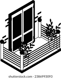 Vintage Wooden with Glazed Glass Window isometric Concept, Storefront Vector Icon Design, balcony window front view symbol, House exterior idea with vintage and classic balconies facade illustration