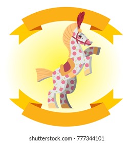 Vintage wooden horse with ribbon banner. Vector illustration isolated on white background for logos, stickers and other items.