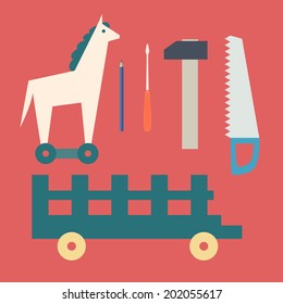 Vintage wooden horse and toy tools. Flat design vector