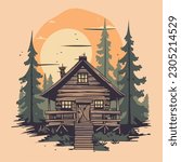 vintage wooden house cabin in pine forest mountain logo vector illustration