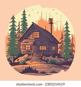 vintage wooden house cabin in pine forest mountain logo vector illustration