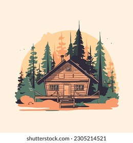 vintage wooden house cabin in pine forest mountain logo vector illustration