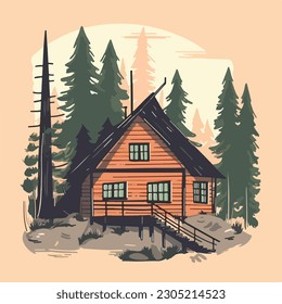 vintage wooden house cabin in pine forest mountain logo vector illustration