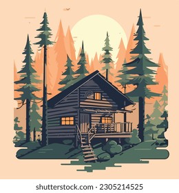 vintage wooden house cabin in pine forest mountain logo vector illustration