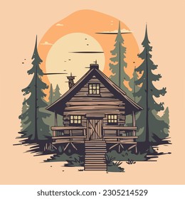 cabaña de casa de madera vintage en el pinar logo de montaña ilustración vectorial