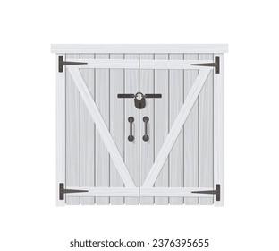 Vintage wooden painted double doors with wrought iron hardware. Isolated on white background. Rural house concept. Cartoon flat style. Vector illustration