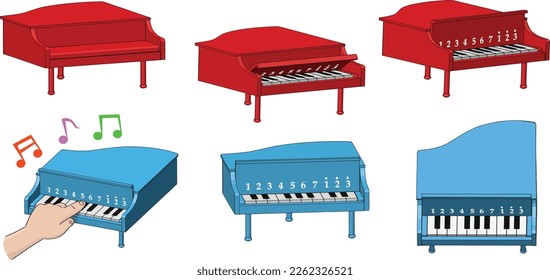 The vintage wooden piano toy of the 60's is a popular toy in Singapore. Piano toy isolated on white background.