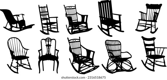 Vintage wooden rocking chair silhouette set, "Antique rocking chair silhouette vector"