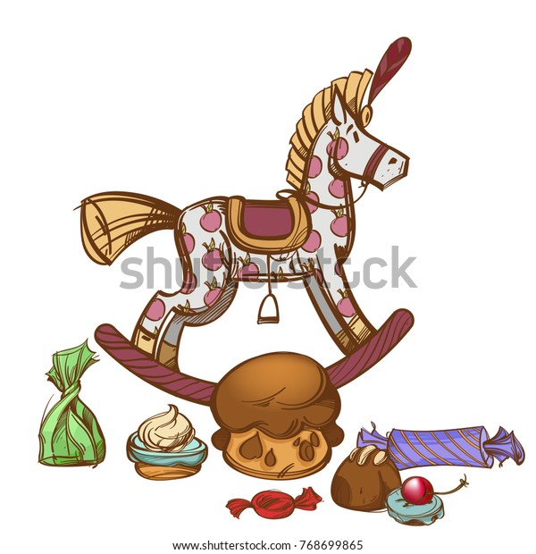 Vintage Wooden Rocking Horse Sweets Decorative Stock Vector