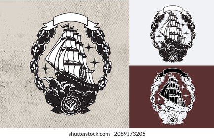 Vintage wooden ship with sails. Navigation sketch vector illustration
