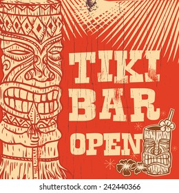 Vintage Wooden Sign - Tiki Bar Open, Vector