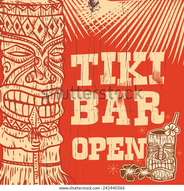 Vintage wooden sign -\
Tiki Bar Open, vector