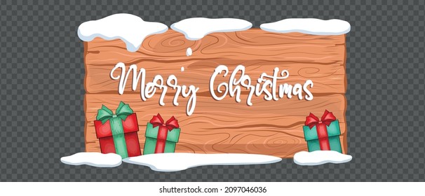 Vintage Wooden Signboard Covered With Snow Caps Isolated On Transparent Background. Vector Design Element For New Year And Christmas Holiday. Merry Christmas Text Written By Snow.